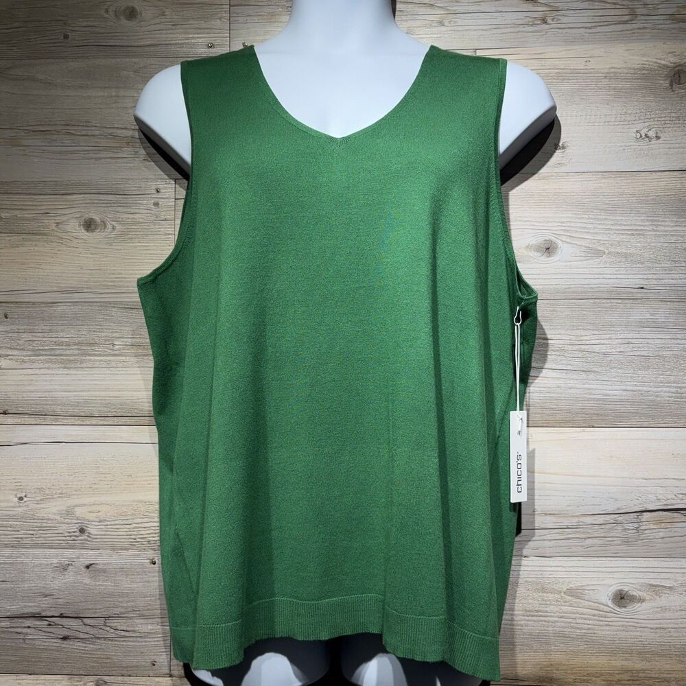 CHICOS V Neck Sweater Knit Tank Top Kelly Green Size 4 = XXL Lightweight Soft